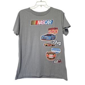 NWT Nascar T Shirt Gray Daytona Speedway Racer Size XL  Patches Sew On